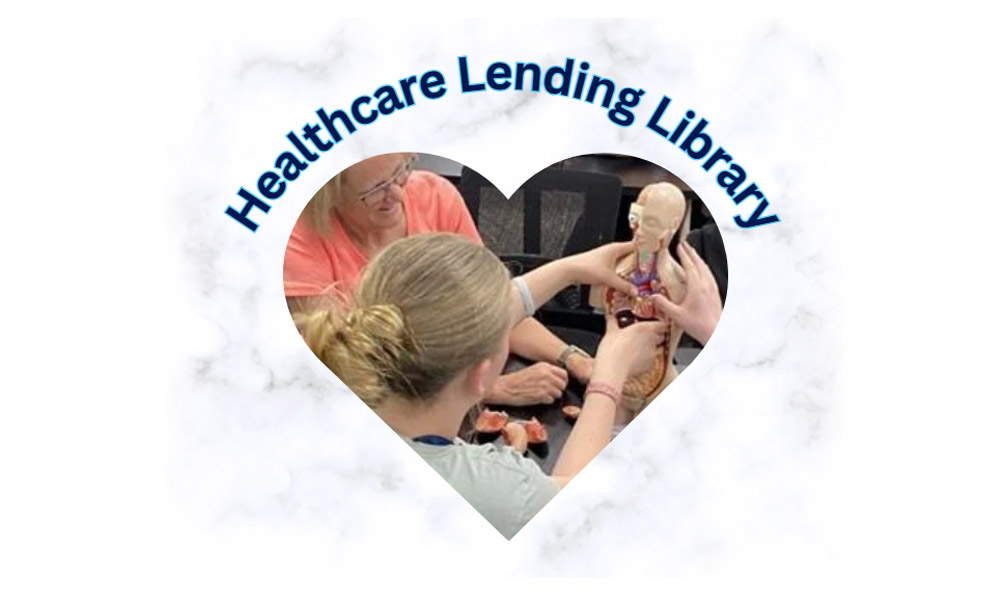 Healthcare Lending Library title with students working on healthcare equipment